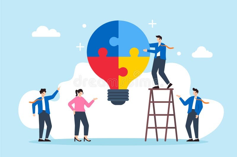 Flat Illustration of Business People Collaborate To Build Lightbulb ...